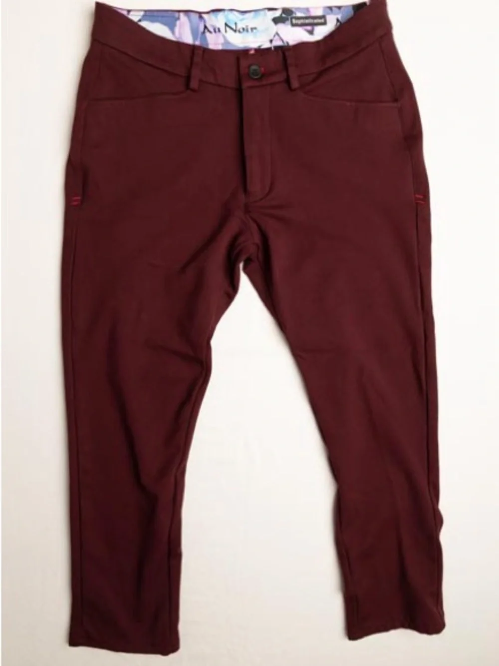 Au Noir Sophisticated Chino Pants Mens 30 Burgundy Wine Stretch Floral Trim 1001